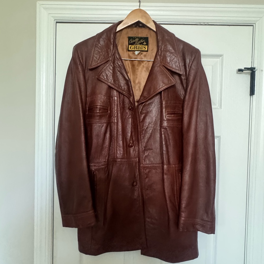 42 Reg Grais USA Mens 1970s Vintage Genuine Leather Overcoat Cognac